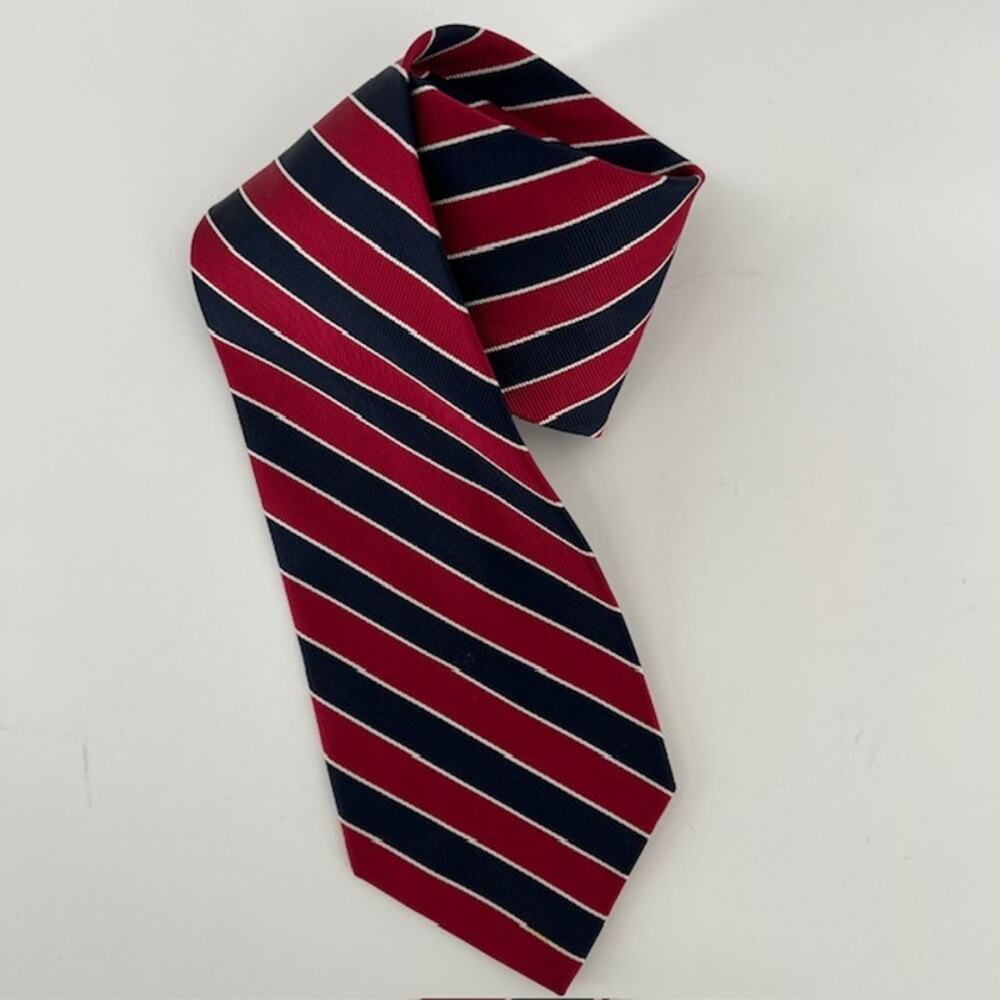 Rooster 100% Silk Necktie Blue Red Striped 3.75" Preppy Classic